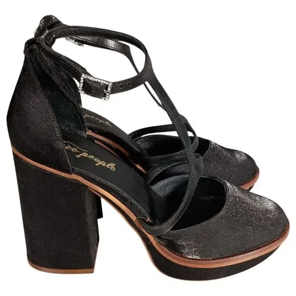 Free People Sandals 9.5 Womens Black Textile Platform Block Ultra High Buckle - Picture 2 of 10